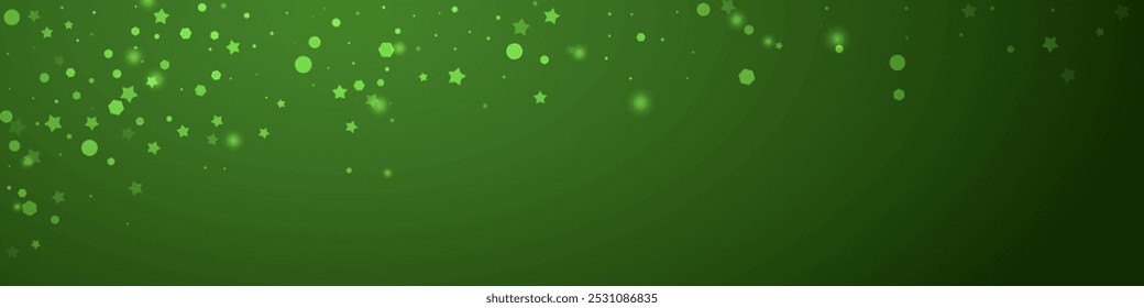 Hermoso fondo de Navidad de nevadas. Copos de nieve voladores sutiles y estrellas en el fondo verde de la Navidad. Hermosa Plantilla de superposición de nieve. Ilustración vectorial panorámica.