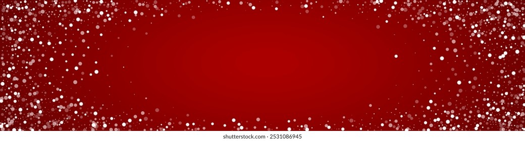 Beautiful snowfall christmas background. Subtle flying snow flakes and stars on christmas red background. Beautiful snowfall overlay template. Panoramic vector illustration.