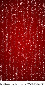 Beautiful snowfall christmas background. Subtle flying snow flakes and stars on christmas red background. Beautiful snowfall overlay template. Vertical vector illustration.