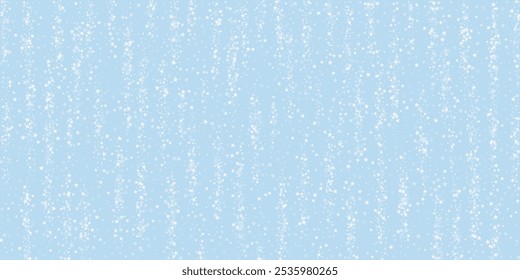 Beautiful snowfall christmas background. Subtle flying snow flakes and stars on light blue winter backdrop. Beautiful snowfall overlay template. Wide vector illustration.