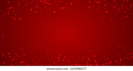 Beautiful snowfall christmas background. Subtle flying snow flakes and stars on christmas red background. Beautiful snowfall overlay template. Wide vector illustration.