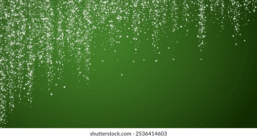 Beautiful snowfall christmas background. Subtle flying snow flakes and stars on christmas green background. Beautiful snowfall overlay template. Wide vector illustration.