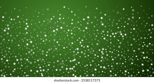 Hermoso fondo de Navidad de nevadas. Copos de nieve voladores sutiles y estrellas en el fondo verde de la Navidad. Hermosa Plantilla de superposición de nieve. Amplia Ilustración vectorial.