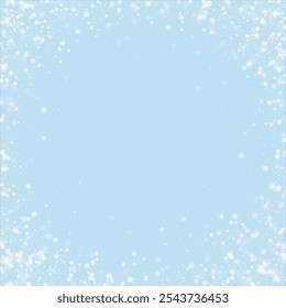 Beautiful snowfall christmas background. Subtle flying snow flakes and stars on light blue winter backdrop. Beautiful snowfall overlay template. Square vector illustration.