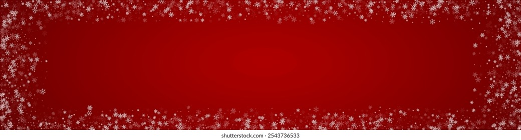 Schöner Schneefall Weihnachten Hintergrund. Subtile fliegende Schneeflocken und Sterne auf weihnachtlich rotem Hintergrund. Schöne Schneefall-Overlay-Vorlage. Panorama-Vektorgrafik.
