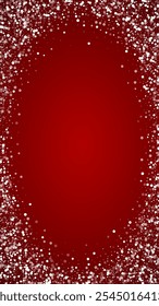 Beautiful snowfall christmas background. Subtle flying snow flakes and stars on christmas red background. Beautiful snowfall overlay template. Vertical vector illustration.