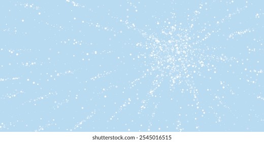 Beautiful snowfall christmas background. Subtle flying snow flakes and stars on light blue winter backdrop. Beautiful snowfall overlay template. Wide vector illustration.