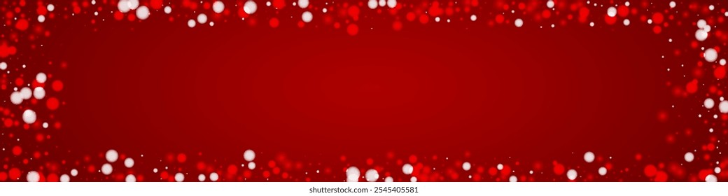 Beautiful snowfall christmas background. Subtle flying snow flakes and stars on christmas red background. Beautiful snowfall overlay template. Panoramic vector illustration.