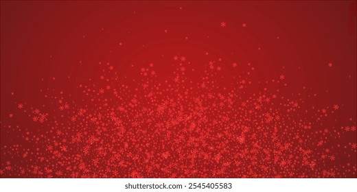 Hermoso fondo de Navidad de nevadas. Copos de nieve voladores sutiles y estrellas en el fondo rojo de la Navidad. Hermosa Plantilla de superposición de nieve. Amplia Ilustración vectorial.