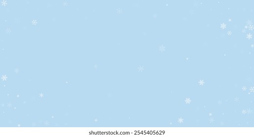 Fundo bonito de Natal de queda de neve. Flocos de neve voadores sutis e estrelas no fundo azul claro do inverno. Modelo de sobreposição de queda de neve bonita. Ilustração vetorial ampla.