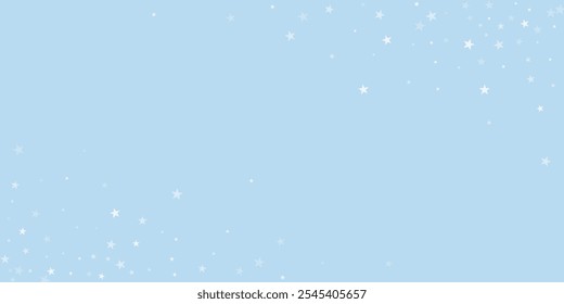 Beautiful snowfall christmas background. Subtle flying snow flakes and stars on light blue winter backdrop. Beautiful snowfall overlay template. Wide vector illustration.