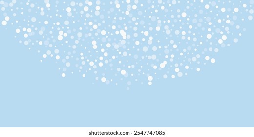 Beautiful snowfall christmas background. Subtle flying snow flakes and stars on light blue winter backdrop. Beautiful snowfall overlay template. Wide vector illustration.