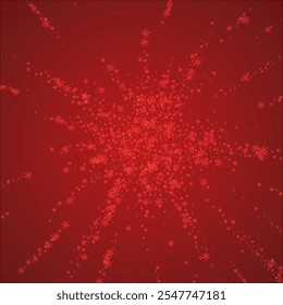 Beautiful snowfall christmas background. Subtle flying snow flakes and stars on christmas red background. Beautiful snowfall overlay template. Square vector illustration.