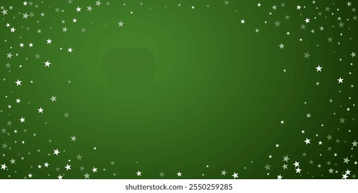 Beautiful snowfall christmas background. Subtle flying snow flakes and stars on christmas green background. Beautiful snowfall overlay template. Wide vector illustration.