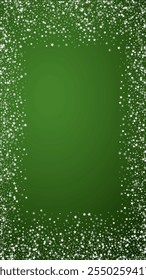Beautiful snowfall christmas background. Subtle flying snow flakes and stars on christmas green background. Beautiful snowfall overlay template. Vertical vector illustration.