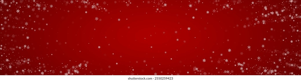 Beautiful snowfall christmas background. Subtle flying snow flakes and stars on christmas red background. Beautiful snowfall overlay template. Panoramic vector illustration.