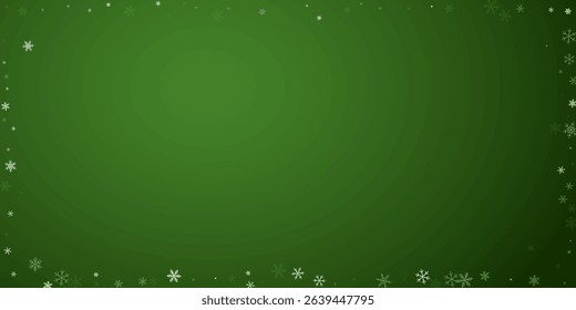 Beautiful snowfall christmas background. Subtle flying snow flakes and stars on christmas green background. Beautiful snowfall overlay template. Wide vector illustration.