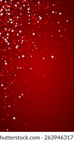 Beautiful snowfall christmas background. Subtle flying snow flakes and stars on christmas red background. Beautiful snowfall overlay template. Vertical vector illustration.