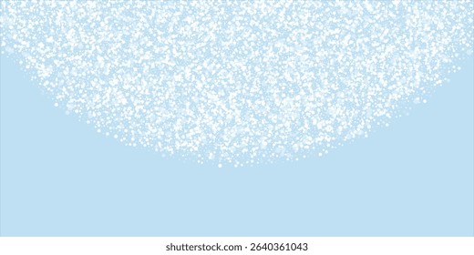 Beautiful snowfall christmas background. Subtle flying snow flakes and stars on light blue winter backdrop. Beautiful snowfall overlay template. Wide vector illustration.