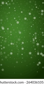 Beautiful snowfall christmas background. Subtle flying snow flakes and stars on christmas green background. Beautiful snowfall overlay template. Vertical vector illustration.