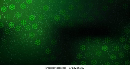 Hermoso fondo de Navidad de nevadas. Copos de nieve voladores sutiles y estrellas en el fondo verde de la Navidad. Hermosa Plantilla de superposición de nieve. Amplia Ilustración vectorial.