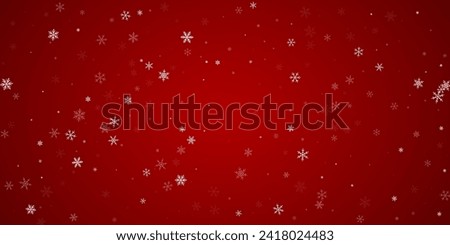 Beautiful snowfall christmas background. Subtle flying snow flakes and stars on christmas red background. Beautiful snowfall overlay template. Wide vector illustration.