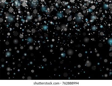 Beautiful snowfall. Falling Shining Snowflakes and Snow on Christmas Winter and New Year. Abstract snowflake. Vector illustration Transparent Background. Top semicircle on black.