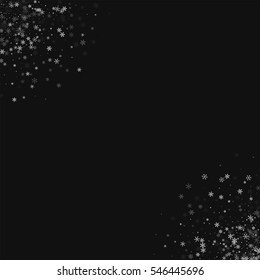 Beautiful snowfall. Frame corners with beautiful snowfall on black background. Vector illustration.
