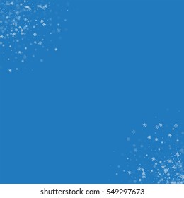Beautiful snowfall. Frame corners with beautiful snowfall on blue background. Vector illustration.