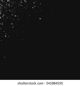 Beautiful snowfall. Left right corner with beautiful snowfall on black background. Vector illustration.