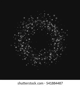 Beautiful snowfall. Small circle frame with beautiful snowfall on black background. Vector illustration.