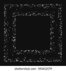 Beautiful snowfall. Square chaotic frame on black background. Vector illustration.