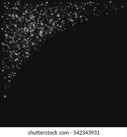 Beautiful snowfall. Top left corner with beautiful snowfall on black background. Vector illustration.