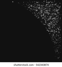 Beautiful snowfall. Top right corner with beautiful snowfall on black background. Vector illustration.
