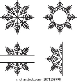 Beautiful snowflake collection isolated on white background. Flat winter snow icons, silhouette. Christmas element for festive banner, greeting cards. Laser cut ornament. Vector illustration.