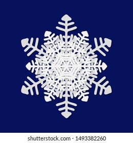 Beautiful snowflake on a blue background. Vector illustration in paper cut style.