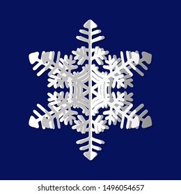 Beautiful snowflake on a blue background. New year and Christmas design elements. 3 D snowflake with shadow . Vector illustration in paper cut style.