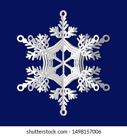Beautiful snowflake on a blue background. New year and Christmas design elements. 3 D snowflake with shadow . Vector illustration in paper cut style.