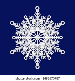 Beautiful snowflake on a blue background. New year and Christmas design elements. 3 D snowflake with shadow . Vector illustration in paper cut style.