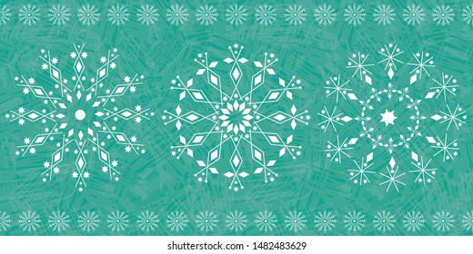 Beautiful snowflake winter border design on teal color wash background. Seamless vector pattern. For textiles, Christmas giftwrap banners, stationery,flyers,graphic design ,fabric, ribbon, edging