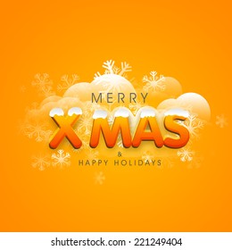 Beautiful snowflakes and clouds decorated greeting card design for Merry Xmas and Happy Holidays celebrations on yellow background. 
