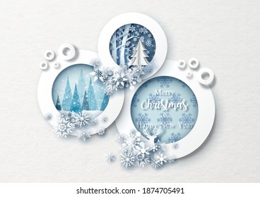 Beautiful snowflakes decorated on circles Christmas picture frame and white paper pattern background. Christmas greeting card in paper cut style and vector design.