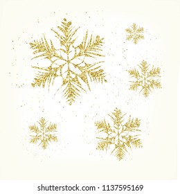 Beautiful snowflakes with gold effect isolated on background. Great for Happy New Year holidays greeting card, invitation, banner, postcard, web, poster template, decoration. Vector illustration.
