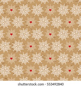 Beautiful snowflakes with hearts pattern on kraft paper background in hipster style. Pattern for Valentine's Day. Gift wrapping paper design.