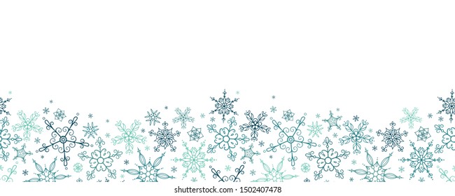 Beautiful Snowflakes horizontal seamless pattern - hand drawn, great for Christmas or New Years themed fabrics  - vector surface design