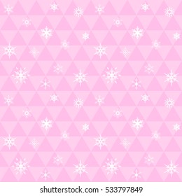 Beautiful snowflakes on pink triangle background. Winter festive seamless pattern.  Vector wallpaper.