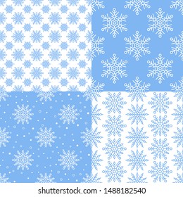 Beautiful snowflakes seamless patterns set. Thin line blue and white snowflakes on light background. Template for christmas gifts wrapping paper. Simple snowy wallpaper vector illustration.