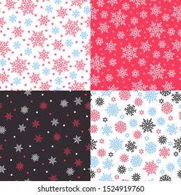 Beautiful snowflakes seamless patterns set. Thin line snowflakes on white on red background. Happy New Year and Merry Xmas gifts wrapping. Simple winter season ornament vector illustration.