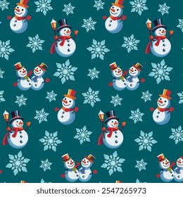 Bonitos flocos de neve e snowmen.Vetor padrão sem costura com flocos de neve azuis e bonecos de neve em um fundo colorido.