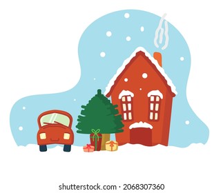 Beautiful snowflakes. A story card for Christmas and New Year. A car with a house, a Christmas tree, New Year gifts. Festive and joyful atmosphere, emotions. Vector illustration in a flat style.